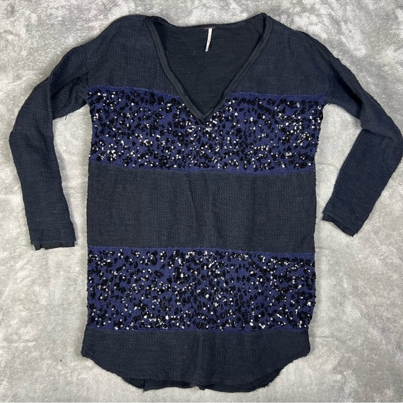 Free People Sweater Womens Medium Sequin Cheetah V-Neck Oversized Y2K Bling Goth - Picture 3 of 8